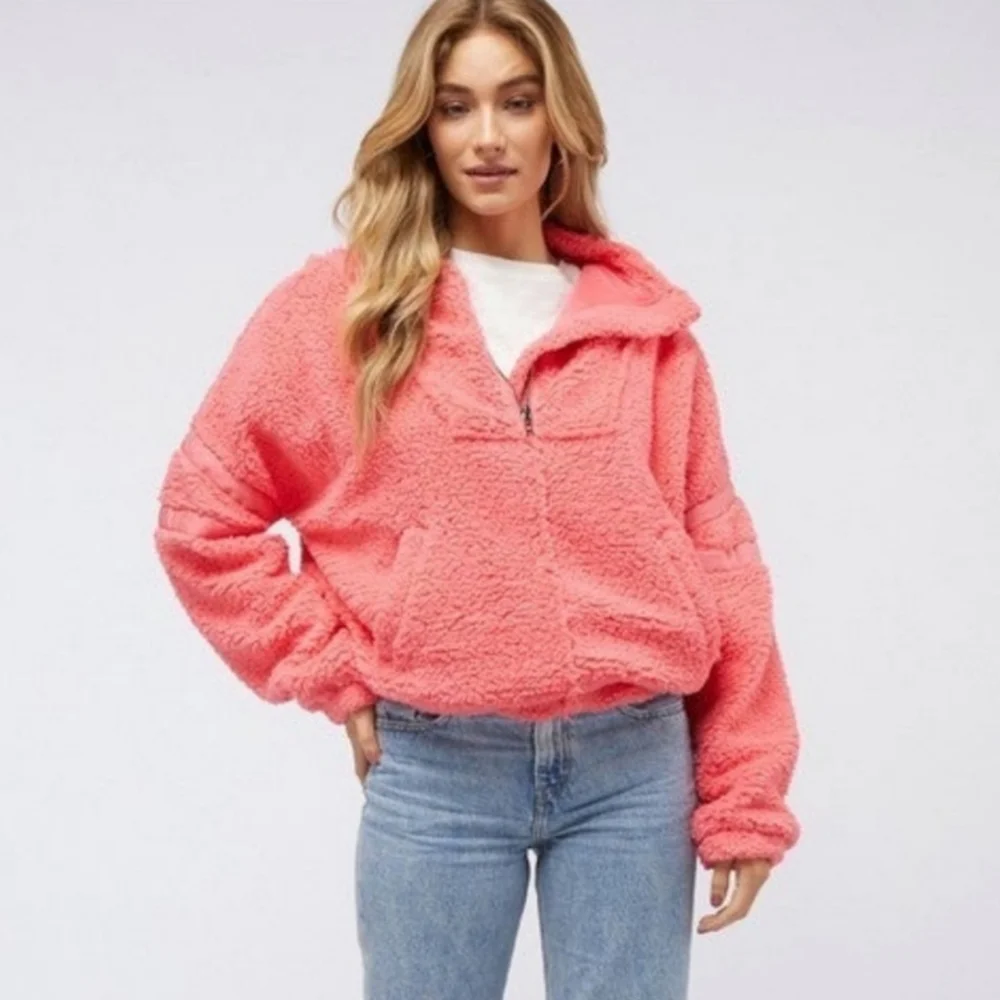 Davi & Dani Oversized Neon Pink Solid Long Sleeve Half Zip-Up Jacket - Picture 1 of 9